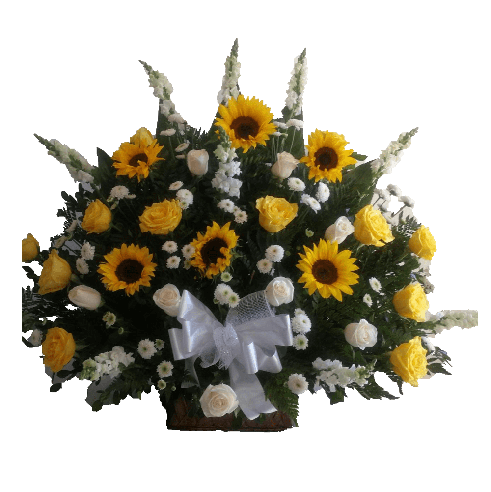 Girasoles, y rosas amarillas y blancas – arreglo funebre – ANY FLOWER SHOP